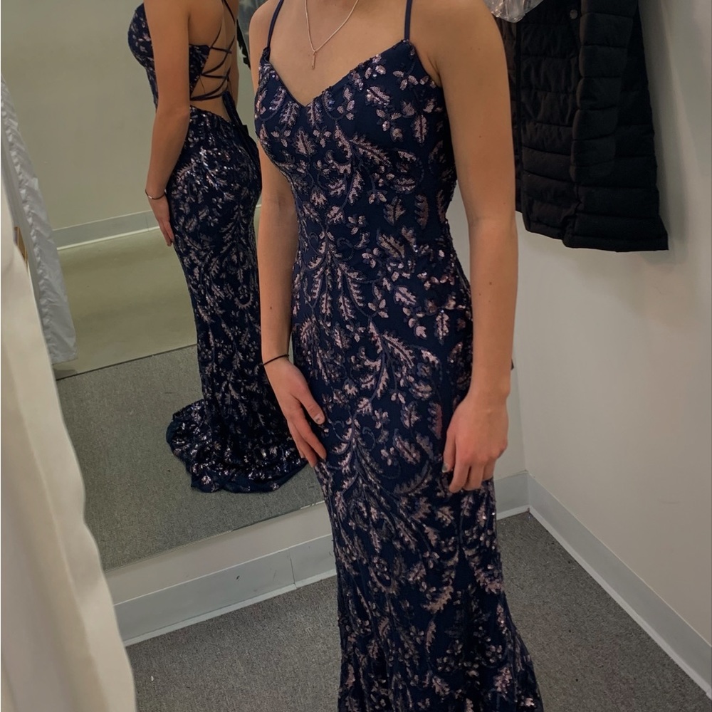 Prom dress- navy blue with pink/purple sequin designs. Pictures are on 5’3 girl